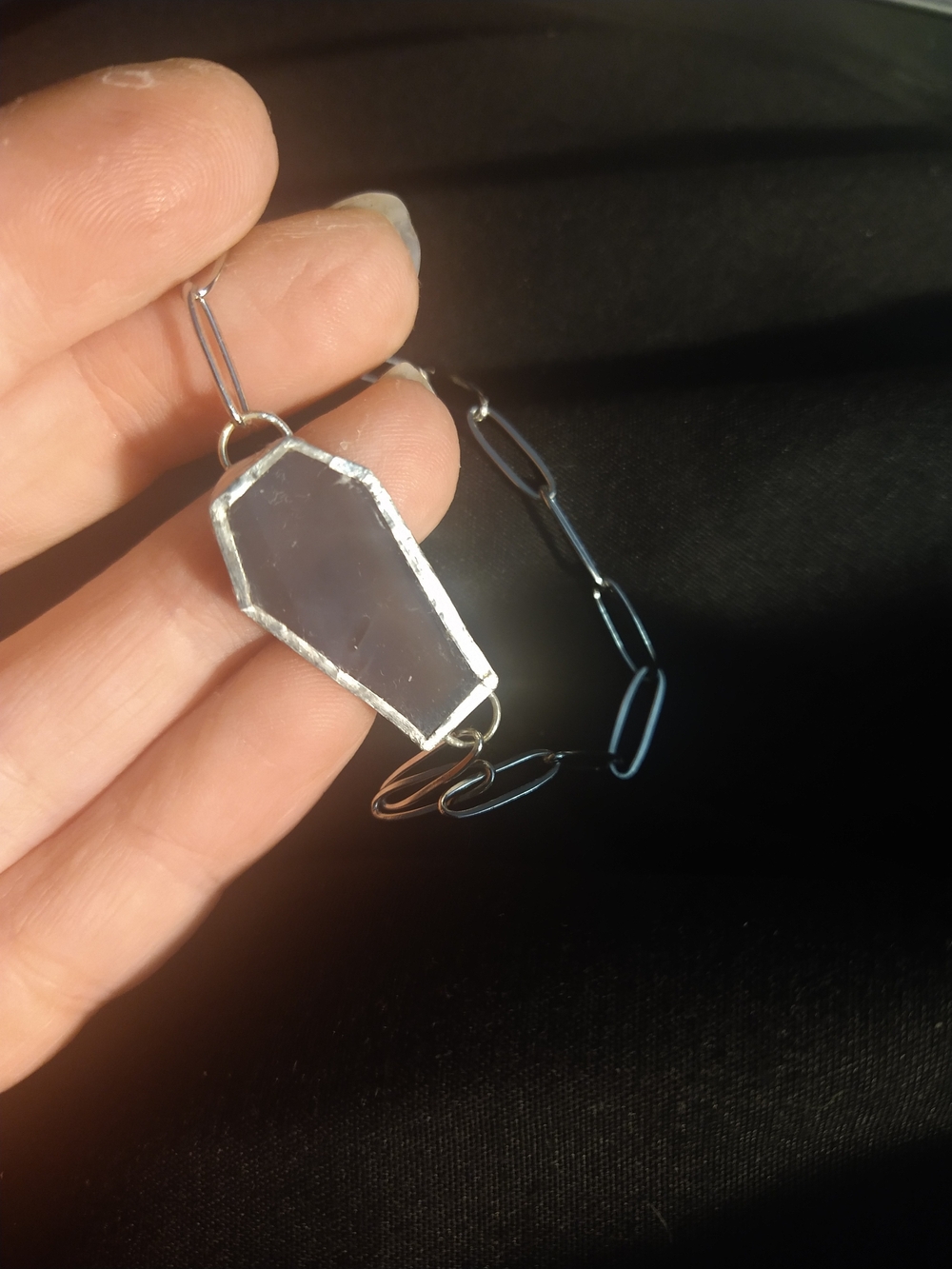 Stained Glass Purple Grey Coffin Pendant Paperclip Chain Bracelet